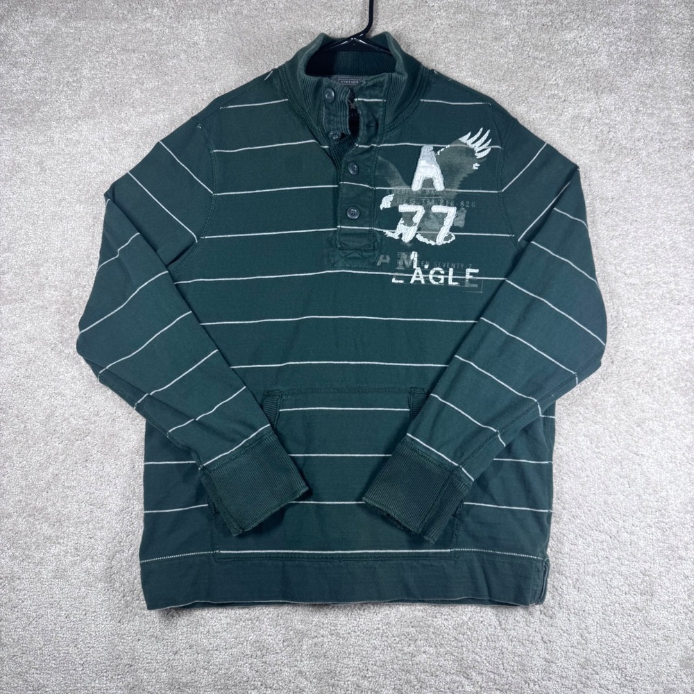 American Eagle Mens XL Green Striped Henley Pullover Vintage Fit Cotton Graphic